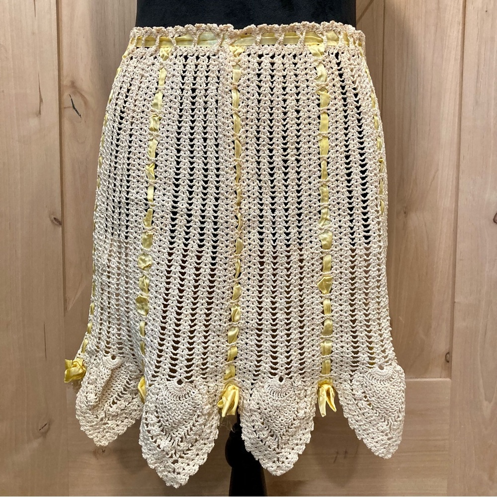 Vintage Hand Made Crocheted Half Apron Cream And Yellow